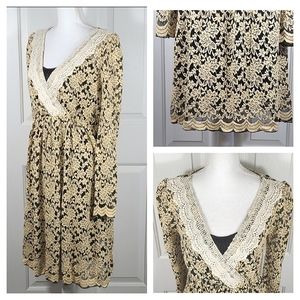 A'reve Lace Floral Midi Dress in Black & Cream Long Sleeves Crochet Detailing